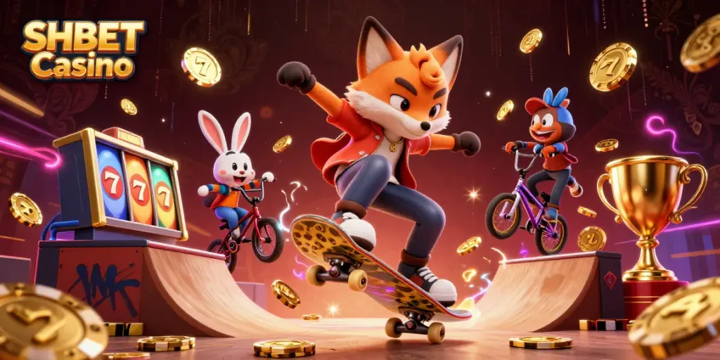 Engage with the dynamic action at SHBET Casino featuring a skateboarder fox and BMX-riding rabbit.