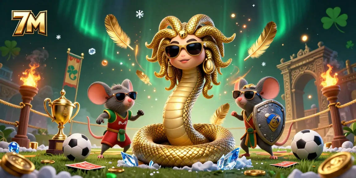 Bet on success with 7M's friendly Medusa and warrior mouse in a thrilling sports betting scene.
