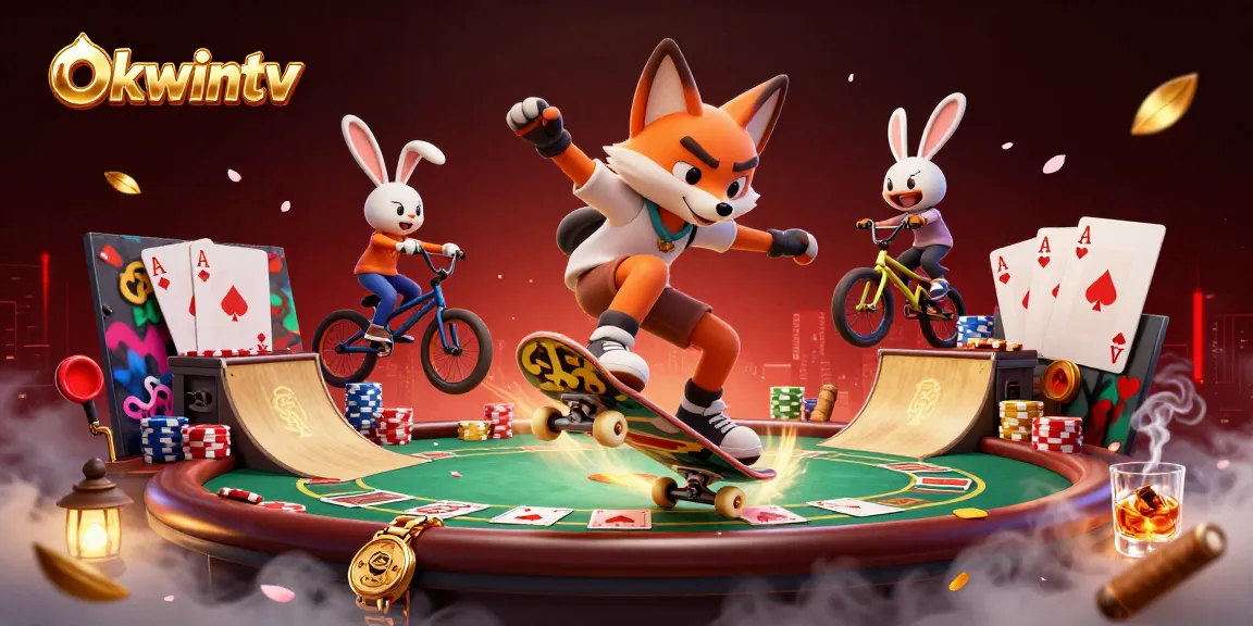 Engage with Okwintv: A vibrant illustration showcasing a skateboarder fox and BMX rabbit amidst a casino theme.