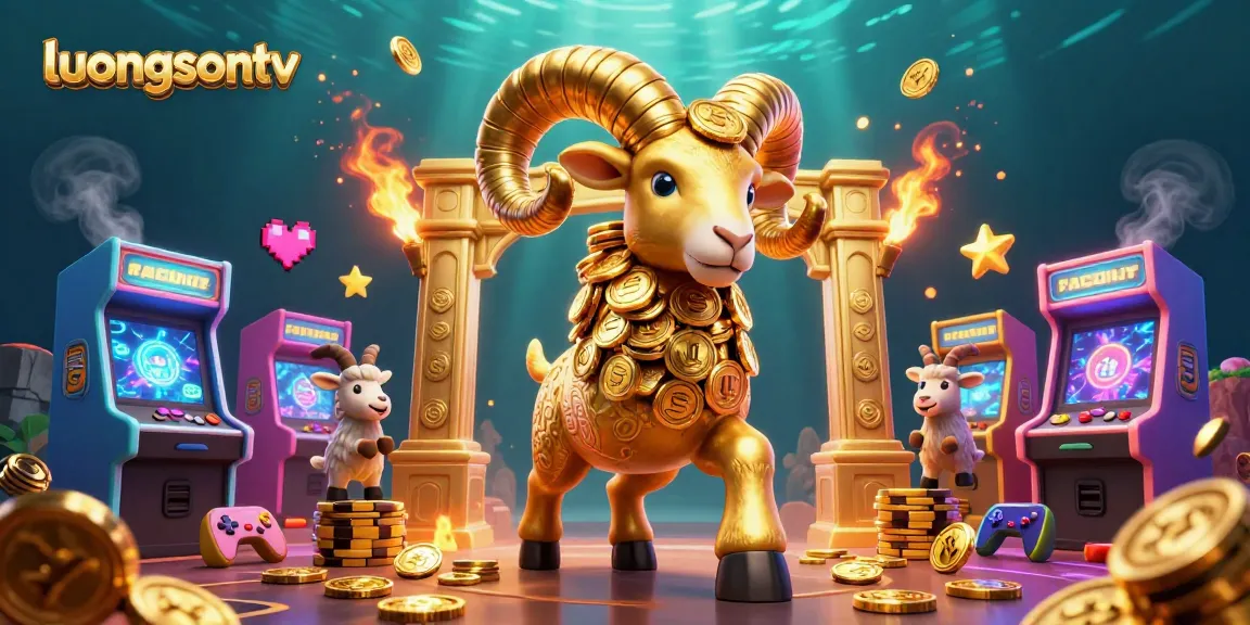 Experience thrilling action with luongsontv's golden ram at the casino gate, amidst vibrant gaming elements.