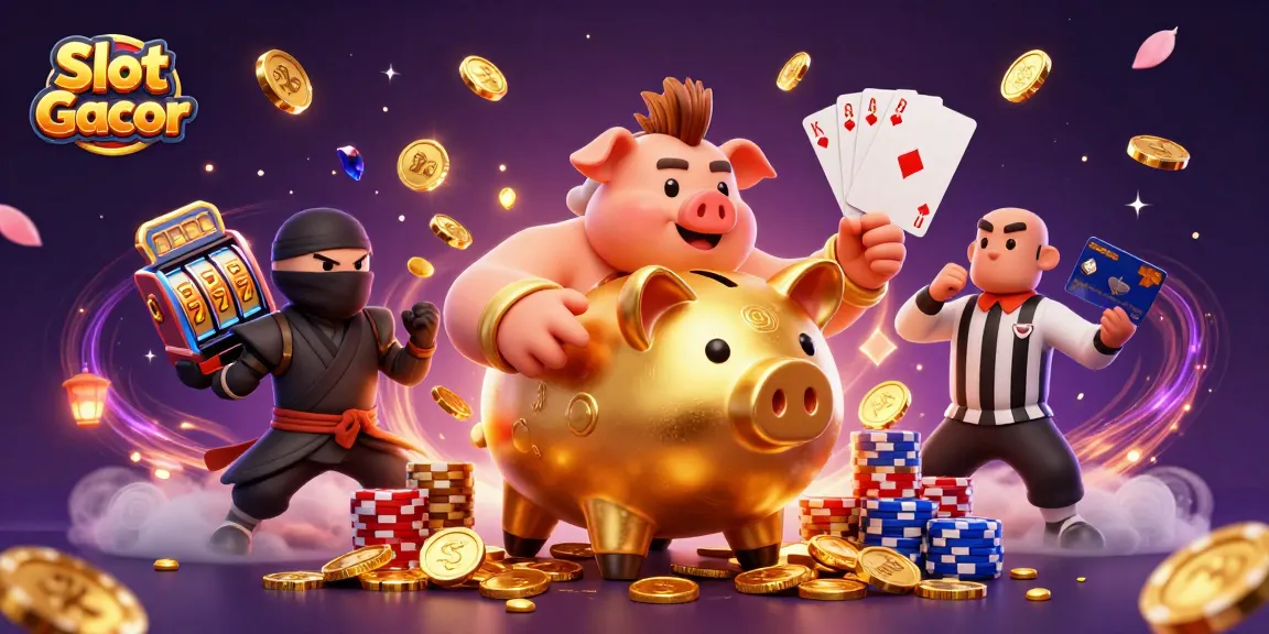Experience thrilling gameplay with Slot Gacor, featuring a golden piggy bank sumo wrestler surrounded by winning symbols and dynamic game elements.