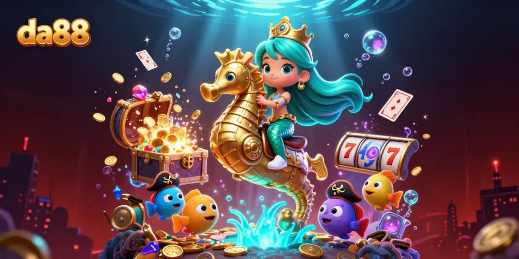 Engaging scene showcasing da88 with cartoon mermaid and seahorse, surrounded by vibrant casino treasures.
