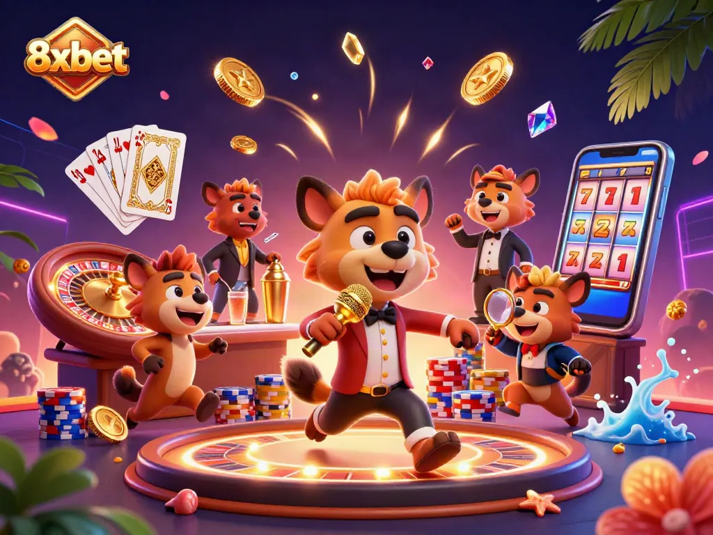 Hyenas entertain at 8xbet's comedy casino, mixing drinks and checking IDs amidst golden coins and vibrant gaming elements.