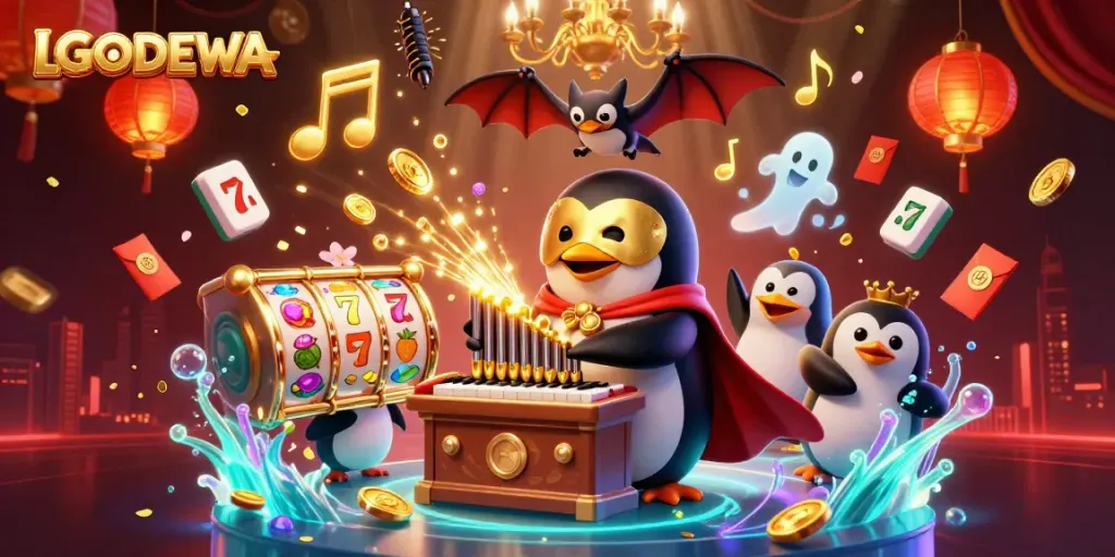 Experience immersive gaming with LGODEWA featuring vibrant slot reels and dynamic characters.