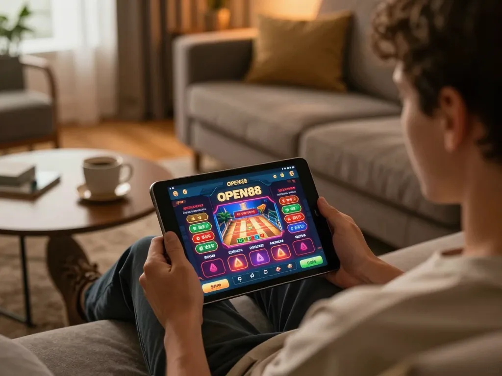 Engaging gameplay on the OPEN88 casino app in a cozy home setting