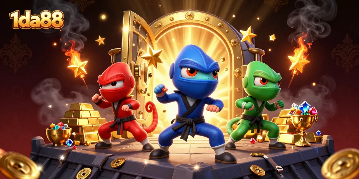 Experience thrilling action with 1da88 featuring ninja chameleons and treasures in a vibrant casino scene.