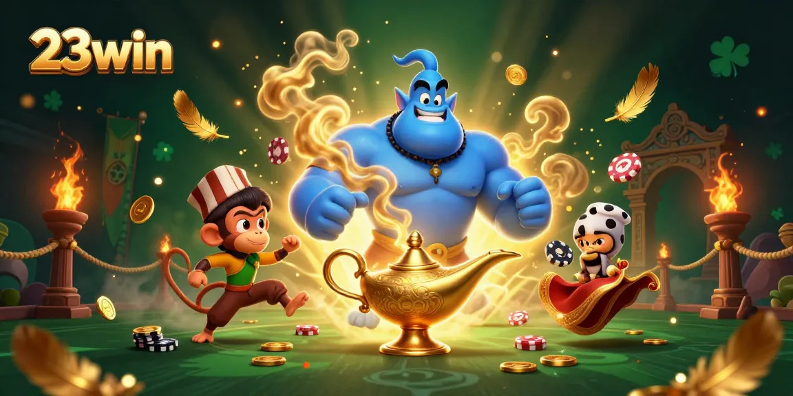 Engage with thrilling games at 23win through a vibrant casino scene, featuring a magical genie.