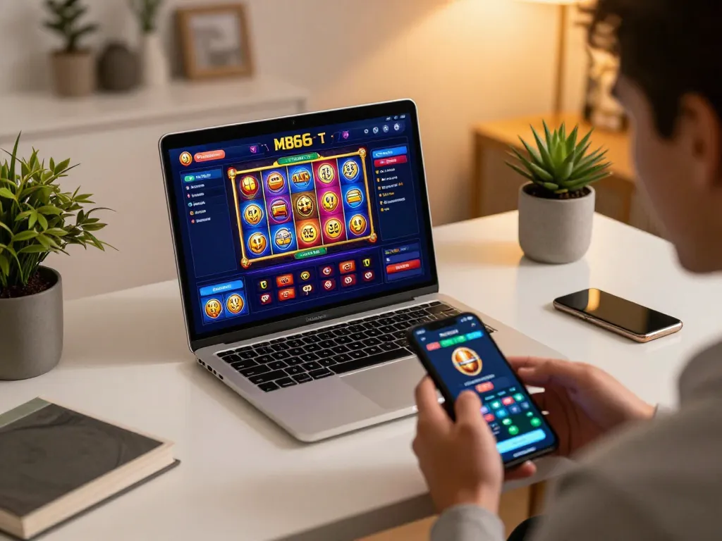 Engaging interaction with mb66-t casino interface on a sleek laptop enhancing online gambling experience.