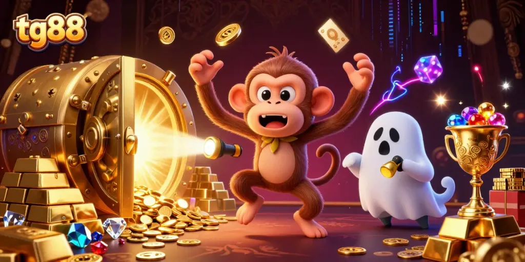 Experience the thrill of tg88 gaming with a playful poltergeist monkey and ghost-hunter puppy.