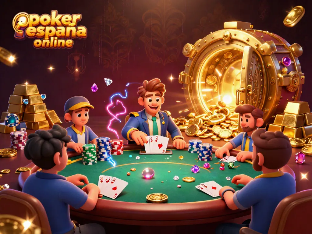 Jugar póker España online en una mesa llena de fichas y premios brillantes.