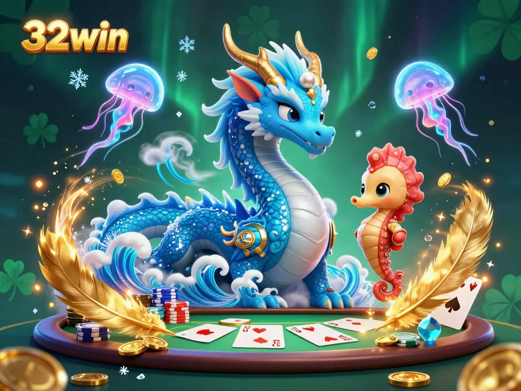 Experience exciting gameplay at 32Win with a vibrant illustration of a dragon and seahorse celebrating wins with glowing jellyfish.