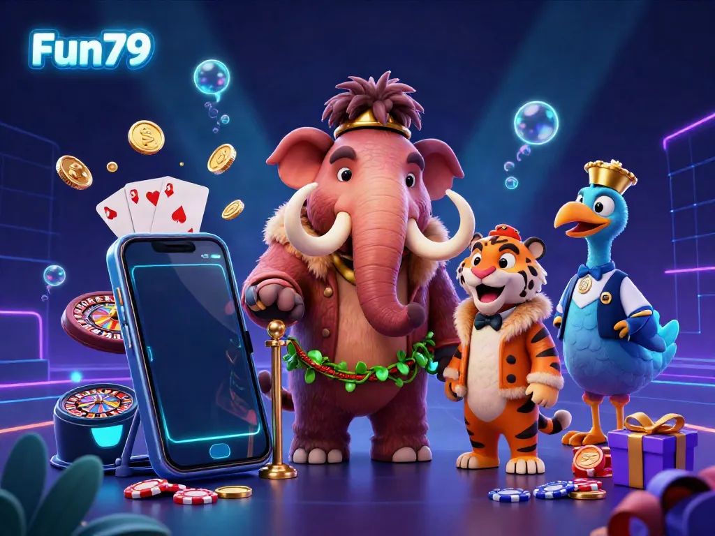 Engage with Fun79's dynamic casino scene featuring characters and exciting game elements in a vibrant environment.