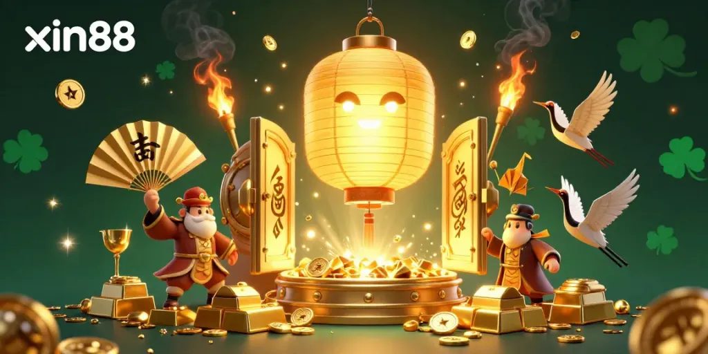 A dazzling scene illustrating the xin88 spirit of luck amidst a vibrant casino, featuring characters and golden treasures.