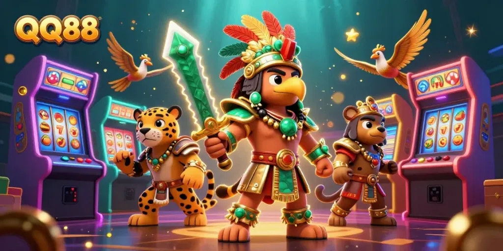 Engage in thrilling gameplay at QQ88 with dynamic casino elements and cartoon warriors.