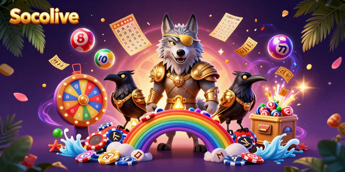 Socolive delivers a captivating 3D illustration showcasing Odin, a wolf, and two ravens amidst a vibrant casino scene.
