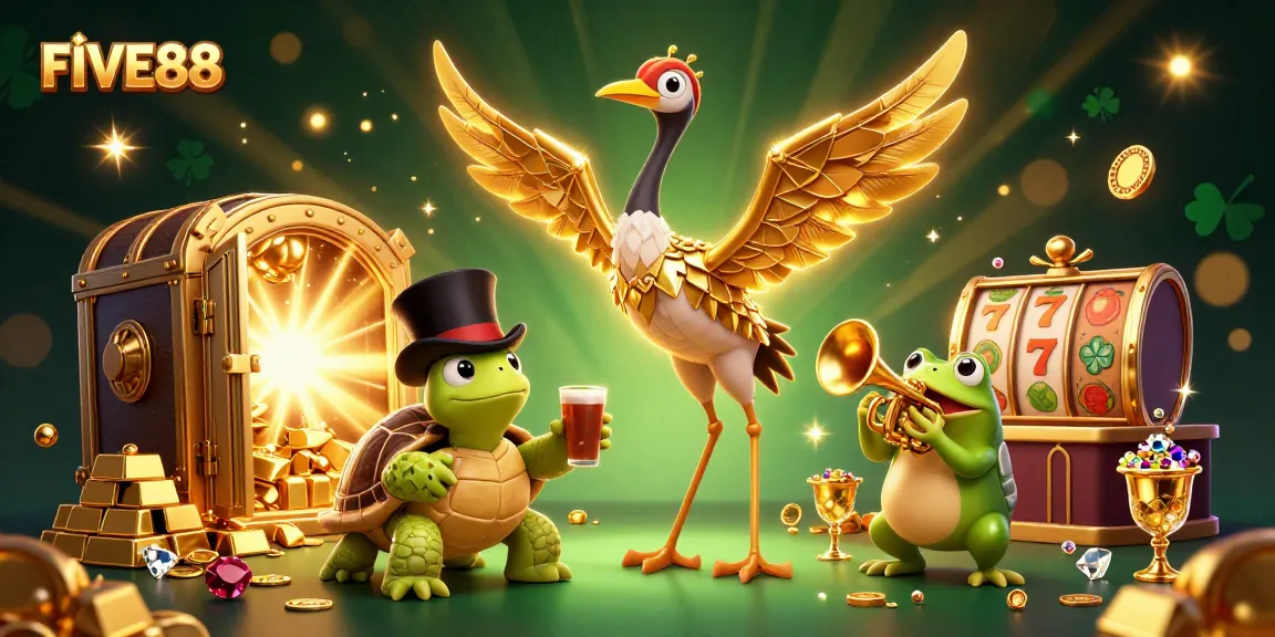 Engage with FIVE88 through dynamic slot action featuring 3D characters in a lively casino scene.