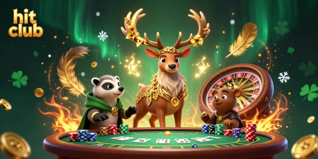 Engage with the vibrant hit club illustration showcasing Celtic druid elements amidst whimsical casino features, captivating players.