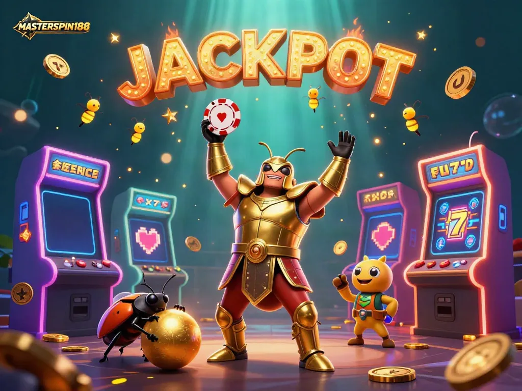 Experience the excitement of MASTERSPIN188 with a 3D beetle hero celebrating a jackpot victory amidst vibrant casino elements.