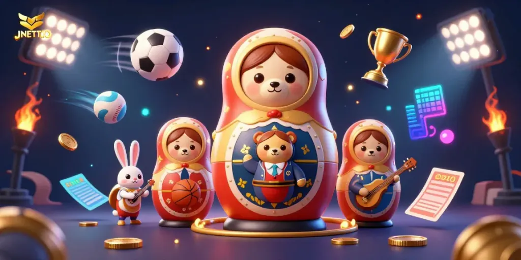Engage with JNETOTO's vibrant casino scene featuring dynamic sports elements, cartoon characters, and exciting betting action.