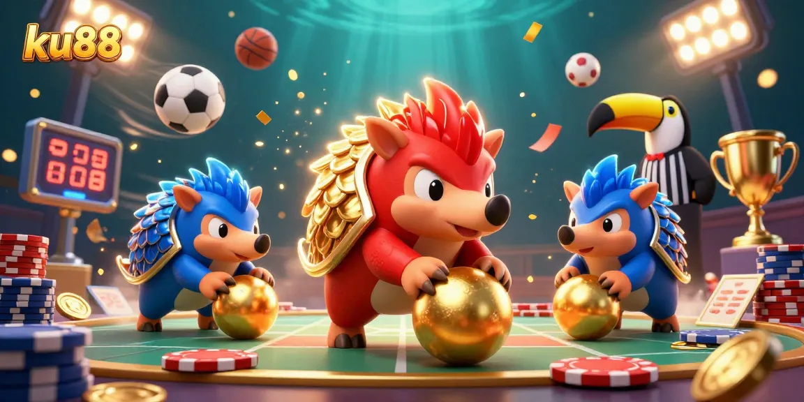 ku88 pangolins bowling through poker chips in a vibrant casino scene