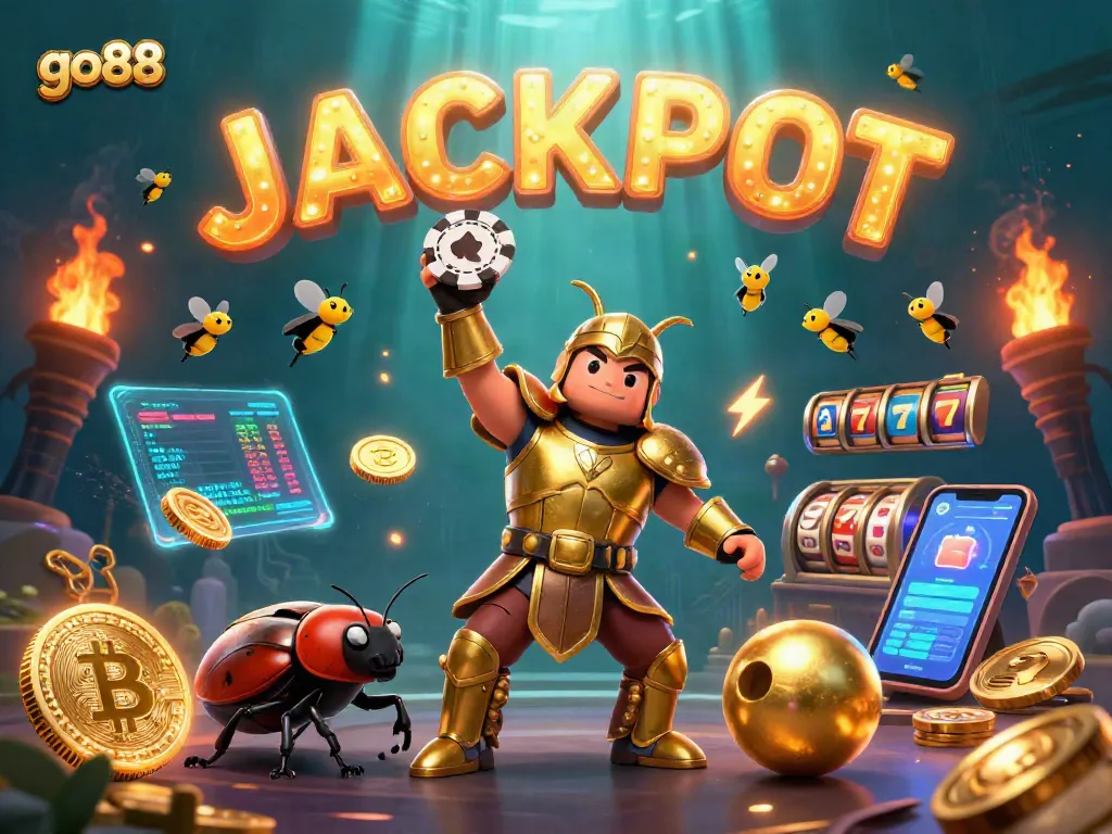 Win big with go88 as a heroic beetle lifts a poker chip in this vibrant casino scene.
