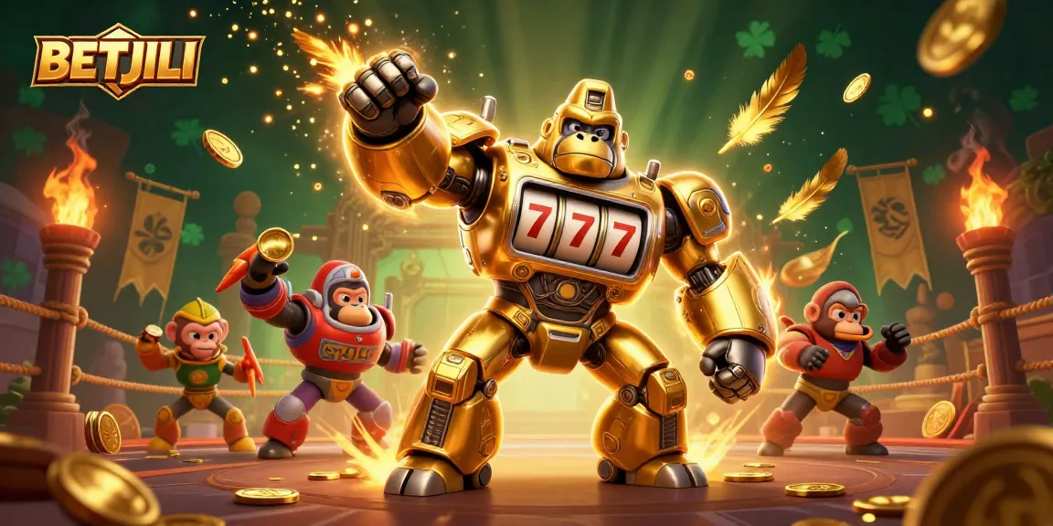 Win big with BETJILI as a golden gorilla mech unleashes casino excitement in a vibrant illustration.