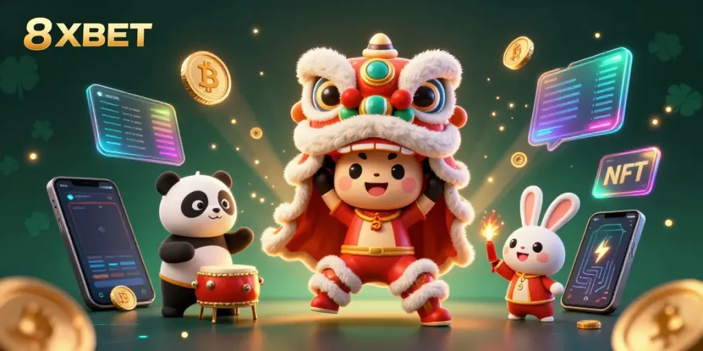 Engage with thrilling games at 8XBET featuring a vibrant lion dance and crypto elements