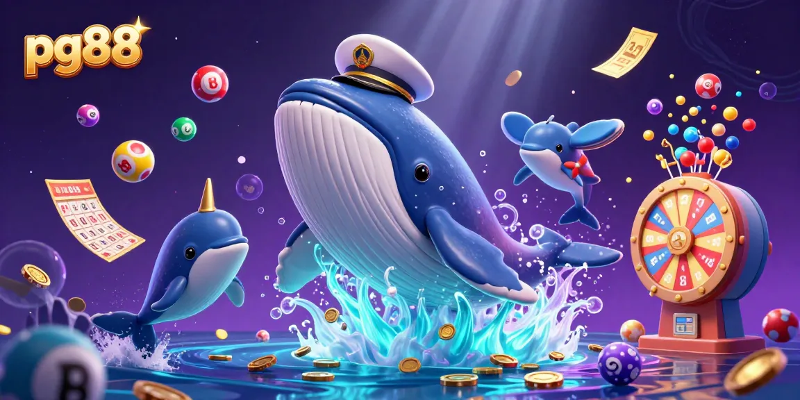 Engage in the excitement of pg88 with vibrant lottery balls, golden tickets, and playful ocean characters.