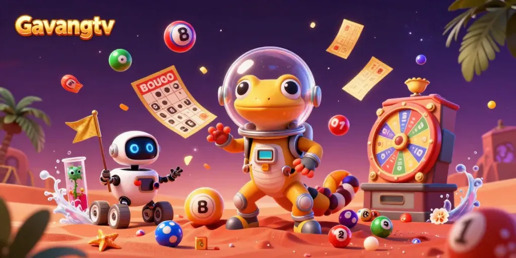 Gavangtv showcases a Martian gecko within a golden casino scene, illustrating exciting lottery action.