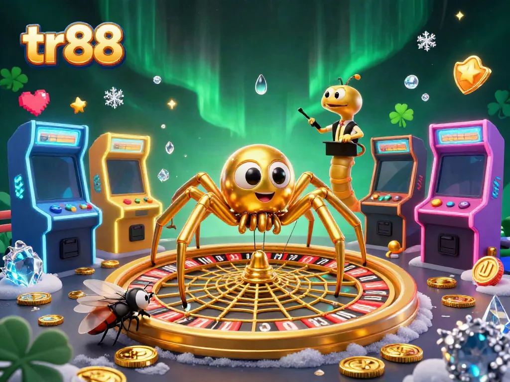 Enjoy thrilling gaming with tr88 at a vibrant casino landscape featuring a cartoon spider and centipede.