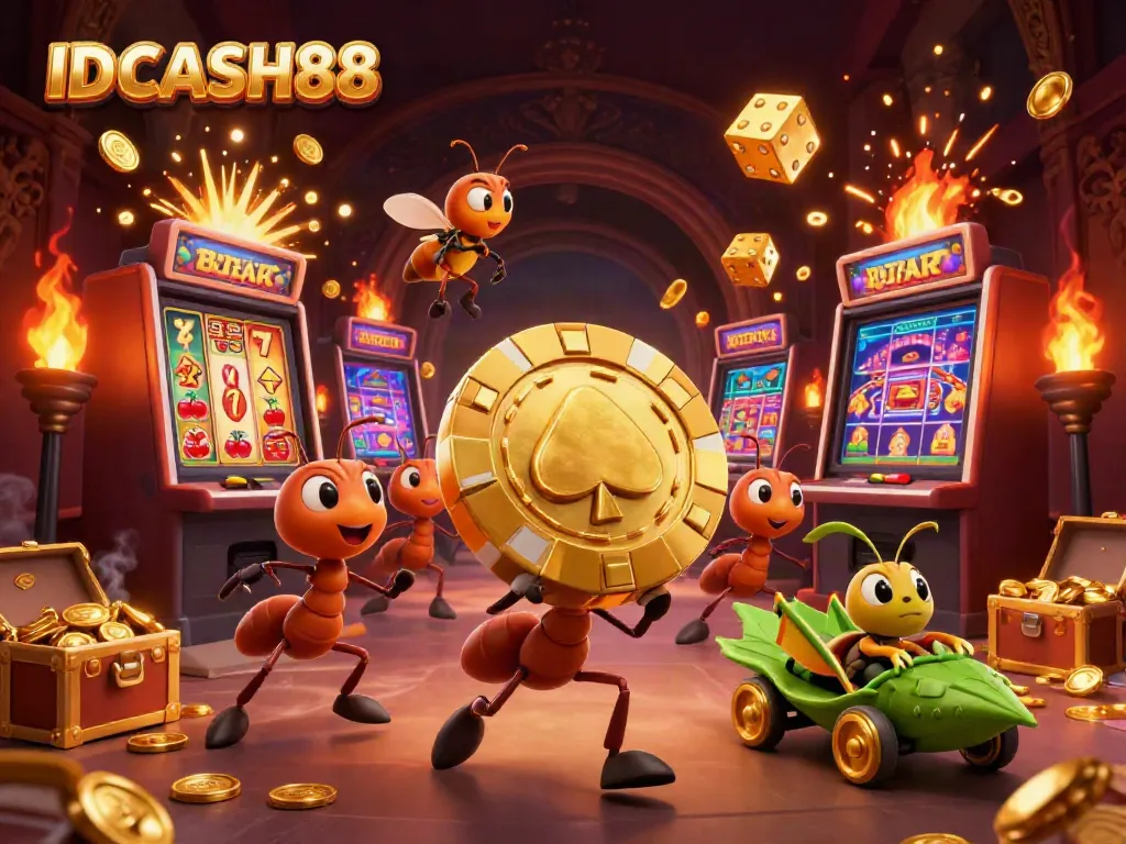 Experience the thrill of IDCASH88 with ants in a heist scene, luxurious casino-themed graphics.