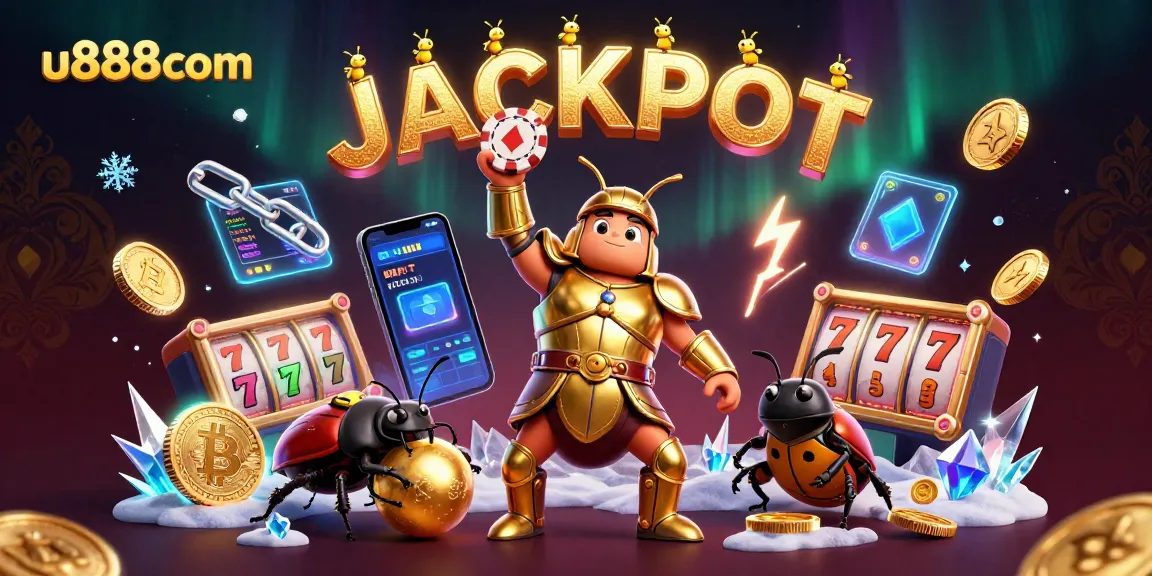 Win big at u888com with a victorious beetle and vibrant casino elements.