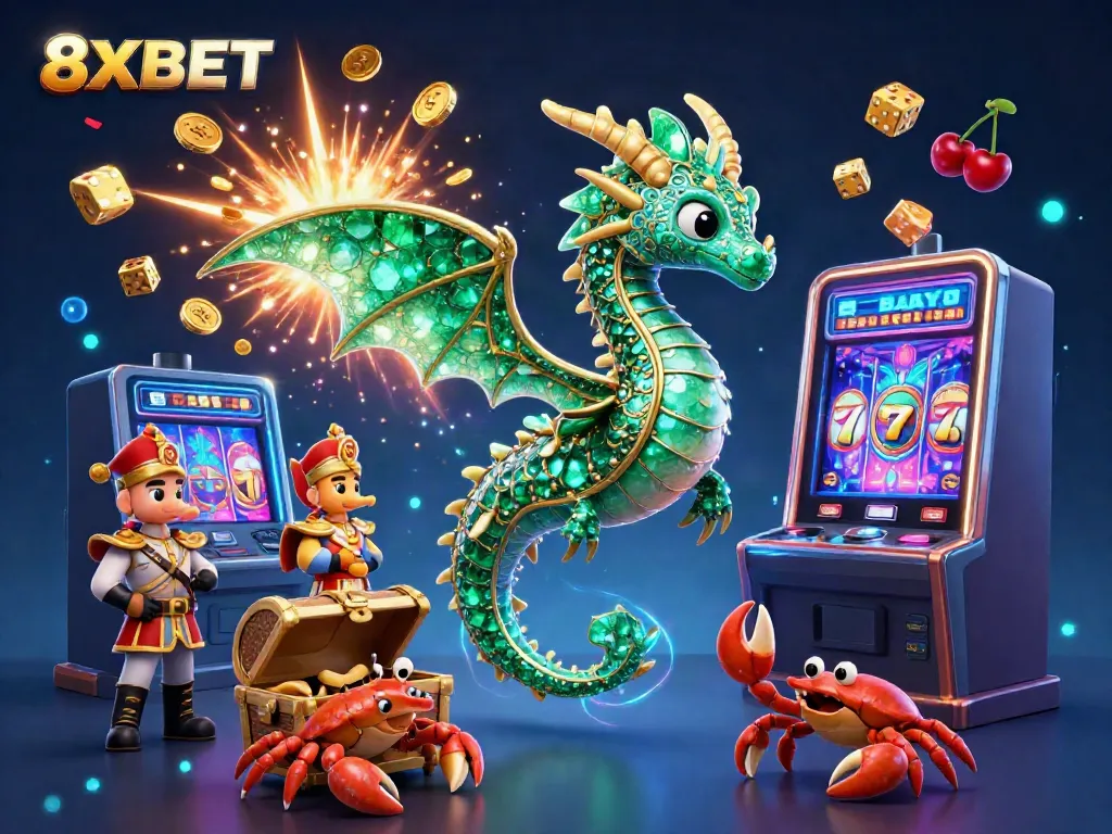 Engage with the exciting world of 8XBET featuring a majestic sea dragon, treasure, and vibrant casino elements.