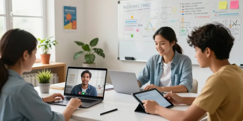 Diverse students engaging in a virtual classroom, reflecting the vibrant learning spirit of https://khokhoahoc.academy/ with laptops and study materials.