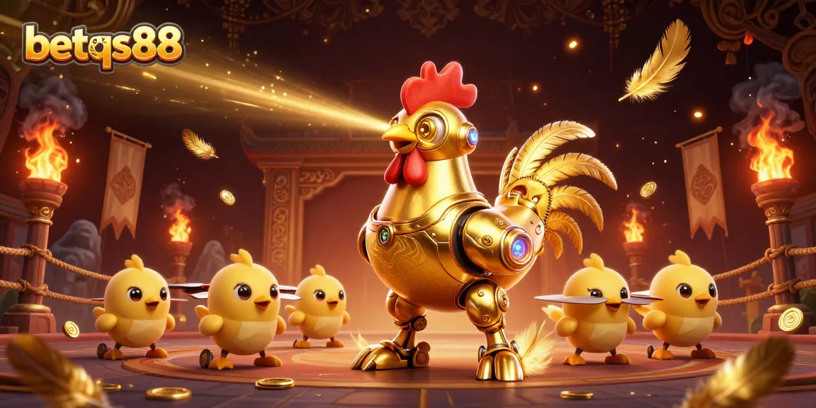 Experience thrilling gaming at betqs88 with the golden rooster robot and baby chick drones in this dazzling casino scene!
