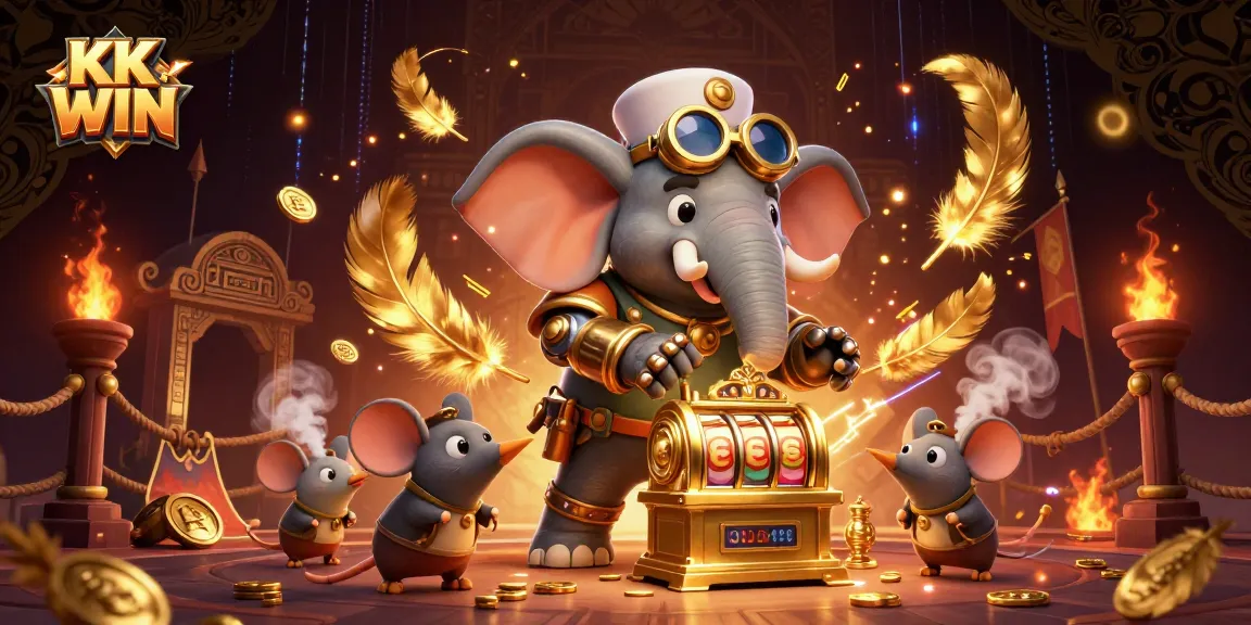 KK WIN showcases a dynamic steampunk elephant engineer at a golden slot machine, capturing the excitement of online gambling.