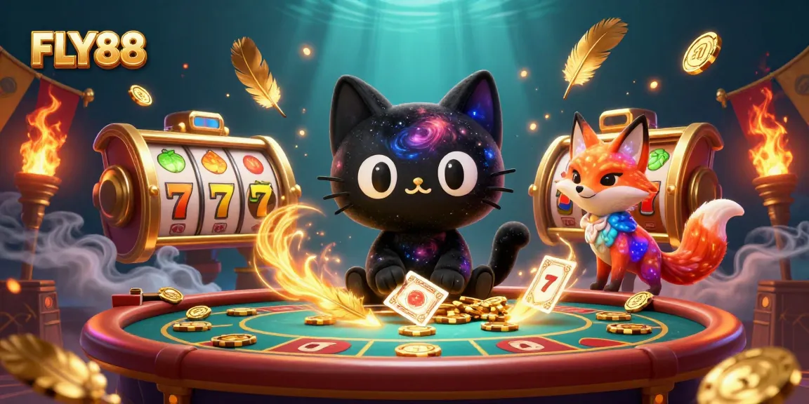 FLY88 cat pulls in golden chips at a cosmic casino table with vibrant fox companion.