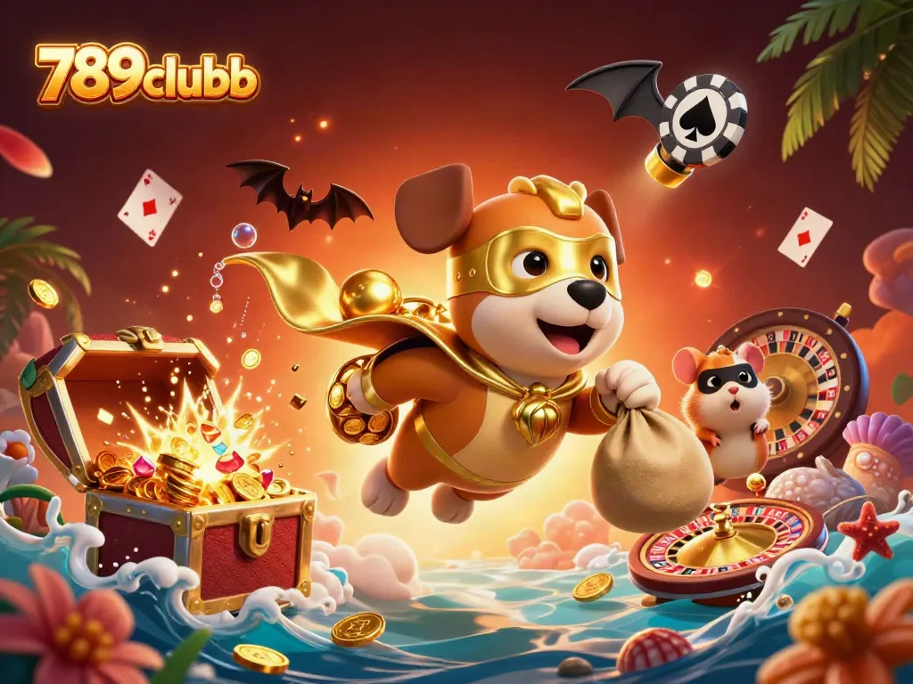 Engage with 789clubb's thrilling casino adventures featuring a superhero dog and colorful gaming elements.
