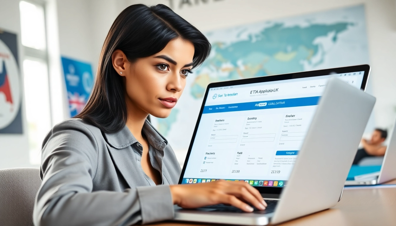 Submitting an eta application uk in a bright office environment with a traveler focused on the laptop.
