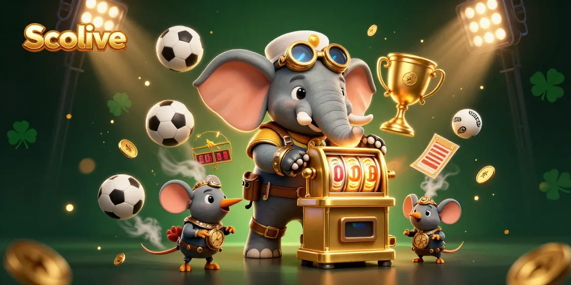 Socolive engages players with a vibrant scene of an elephant engineer operating a slot machine, surrounded by dynamic sports elements.