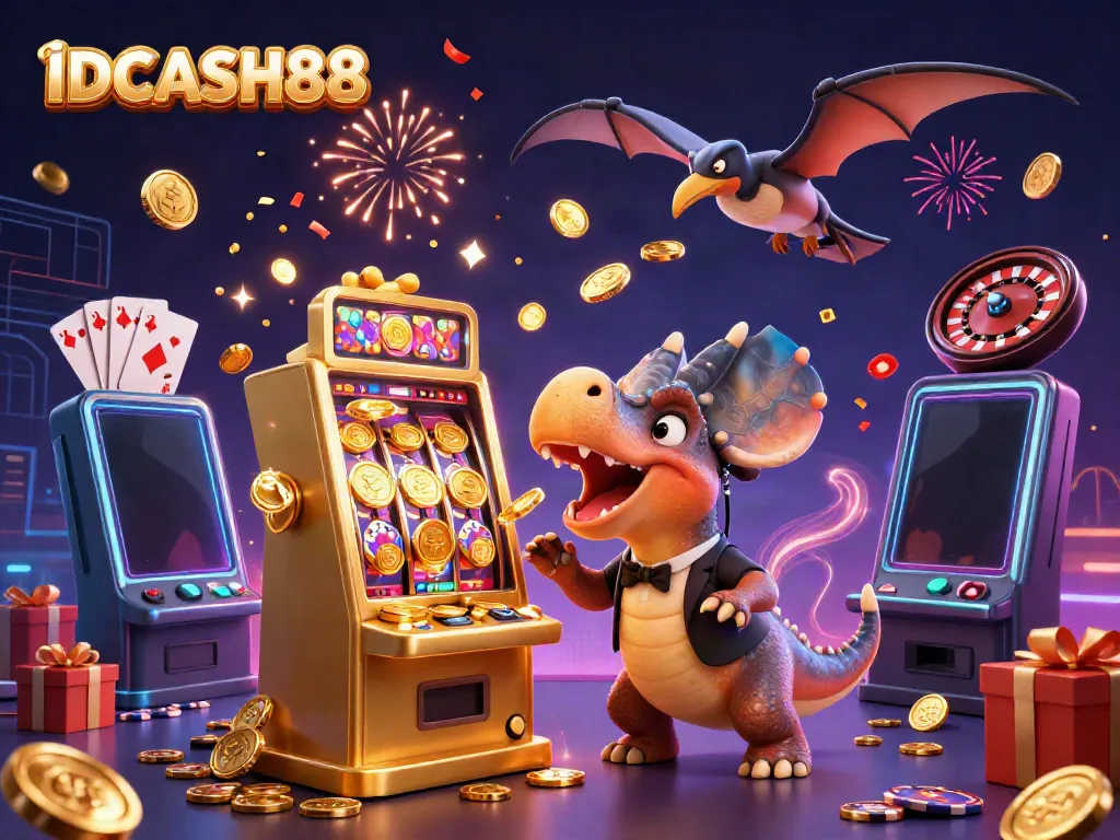IDCASH88 showcases a cartoon dinosaur hitting a slot machine, bursting with jackpots, capturing casino excitement.