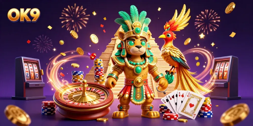 Experience the thrill at OK9 with cascading coins and dynamic casino visuals in a vibrant 3D scene.