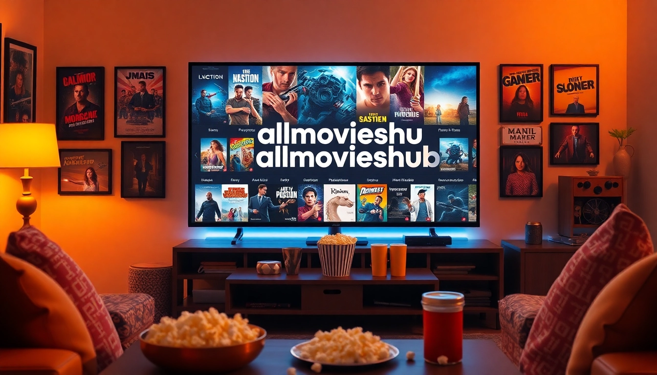 Experience the allmovieshub platform with diverse movie posters showcasing an inviting home cinema setup.