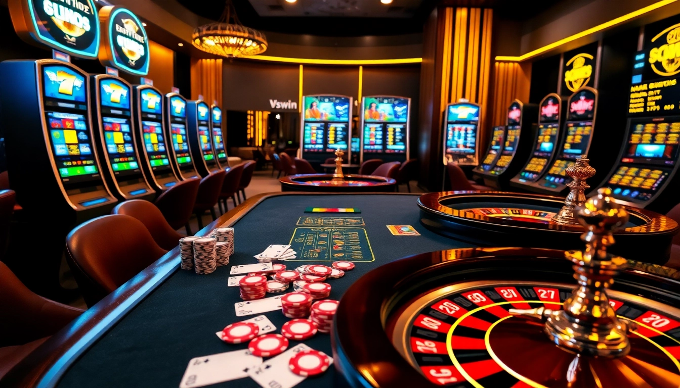 Experience the thrill of vswin with an exciting casino scene featuring poker and roulette.