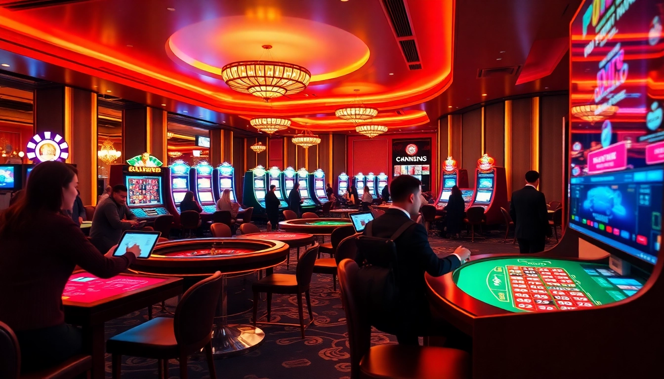 MMOO online casino showcasing vibrant gaming tables and engaged players in a luxurious setting.