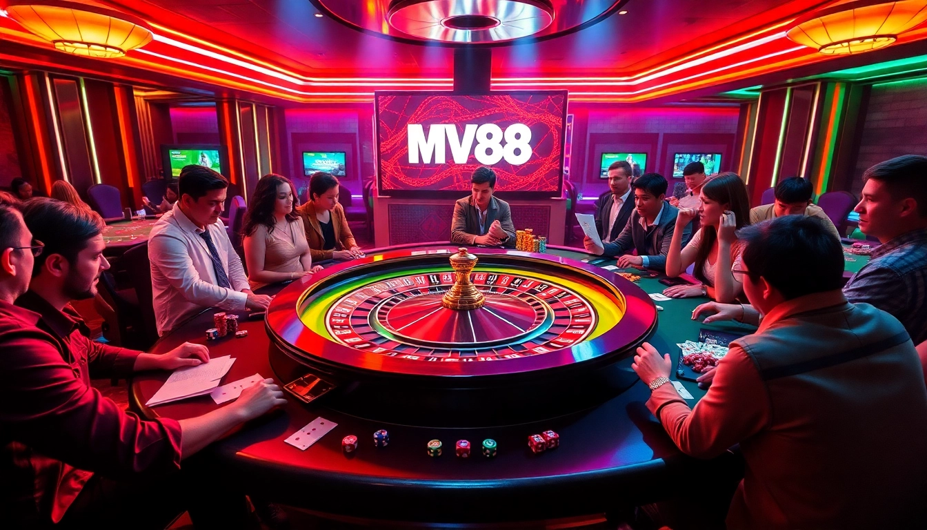 Exciting gambling action at MV88's casino tables with chips and betting slips.