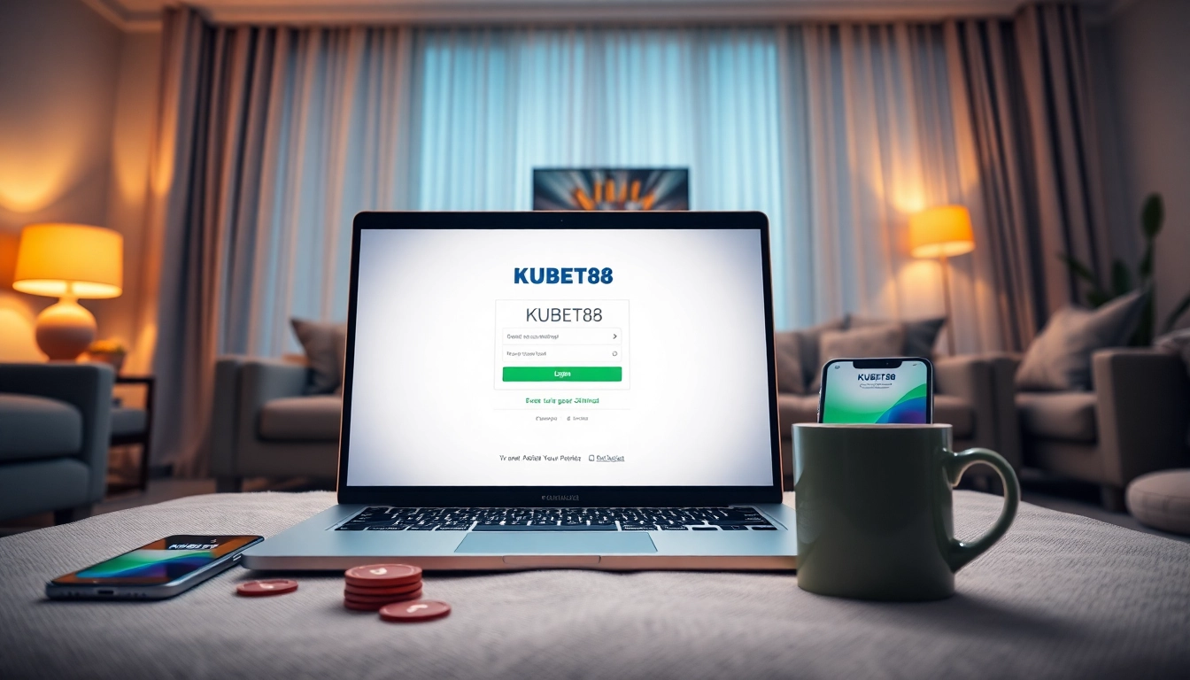 Login to KUBET88 on a laptop, showcasing a user-friendly interface in a cozy living room setting.