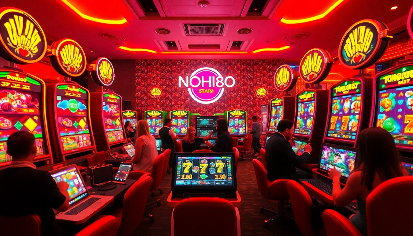 NOHU90 online gaming scene highlighting vibrant slot machines and enthusiastic players.