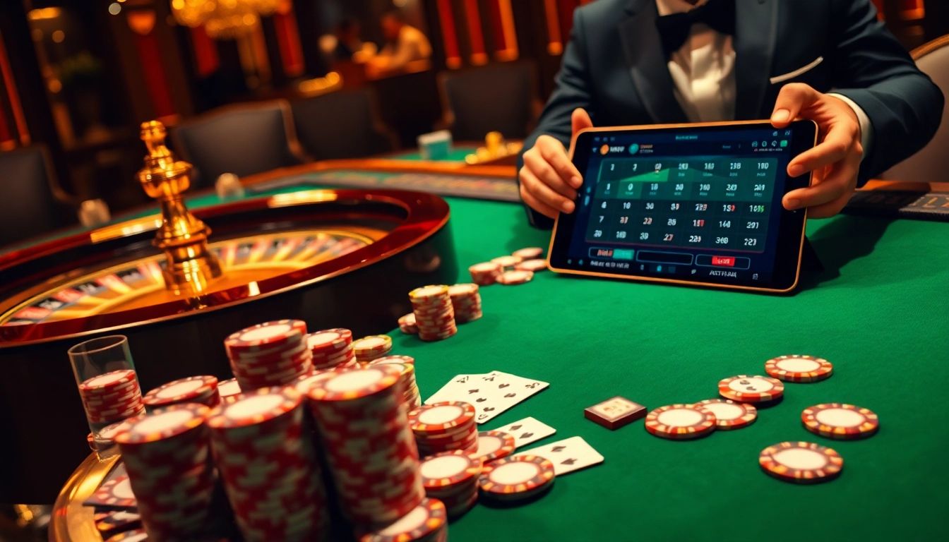 Experience the thrill of mmoo with vibrant poker chips and a gleaming roulette wheel in a luxurious casino.