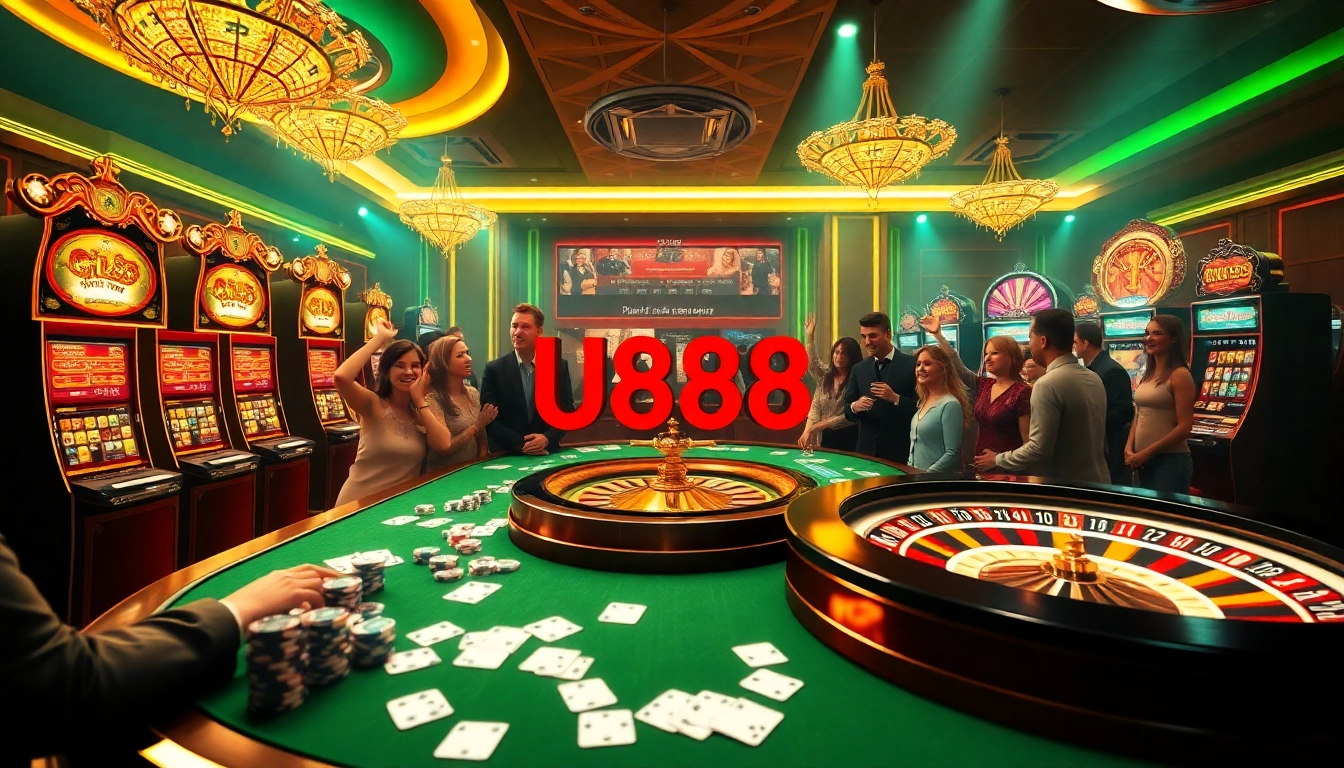 Players enjoying a thrilling casino experience at U888 with vibrant slot machines and elegant tables.